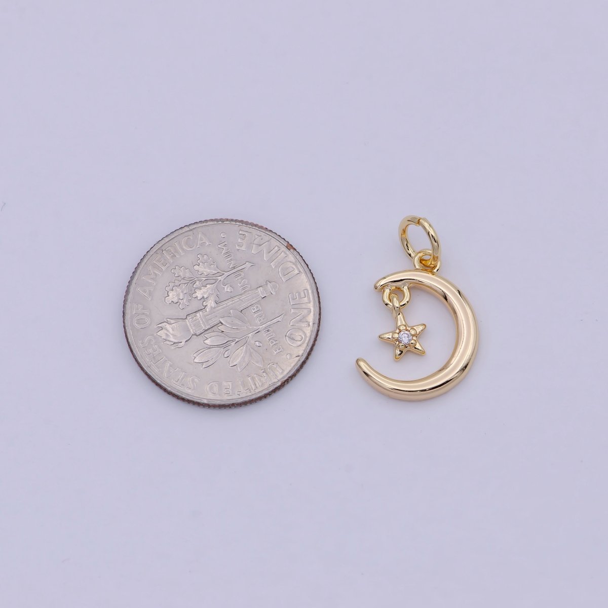 Mini Celestial CZ Cubic Zirconia Crescent Moon Star Charm Gold Charm Pendant W-178