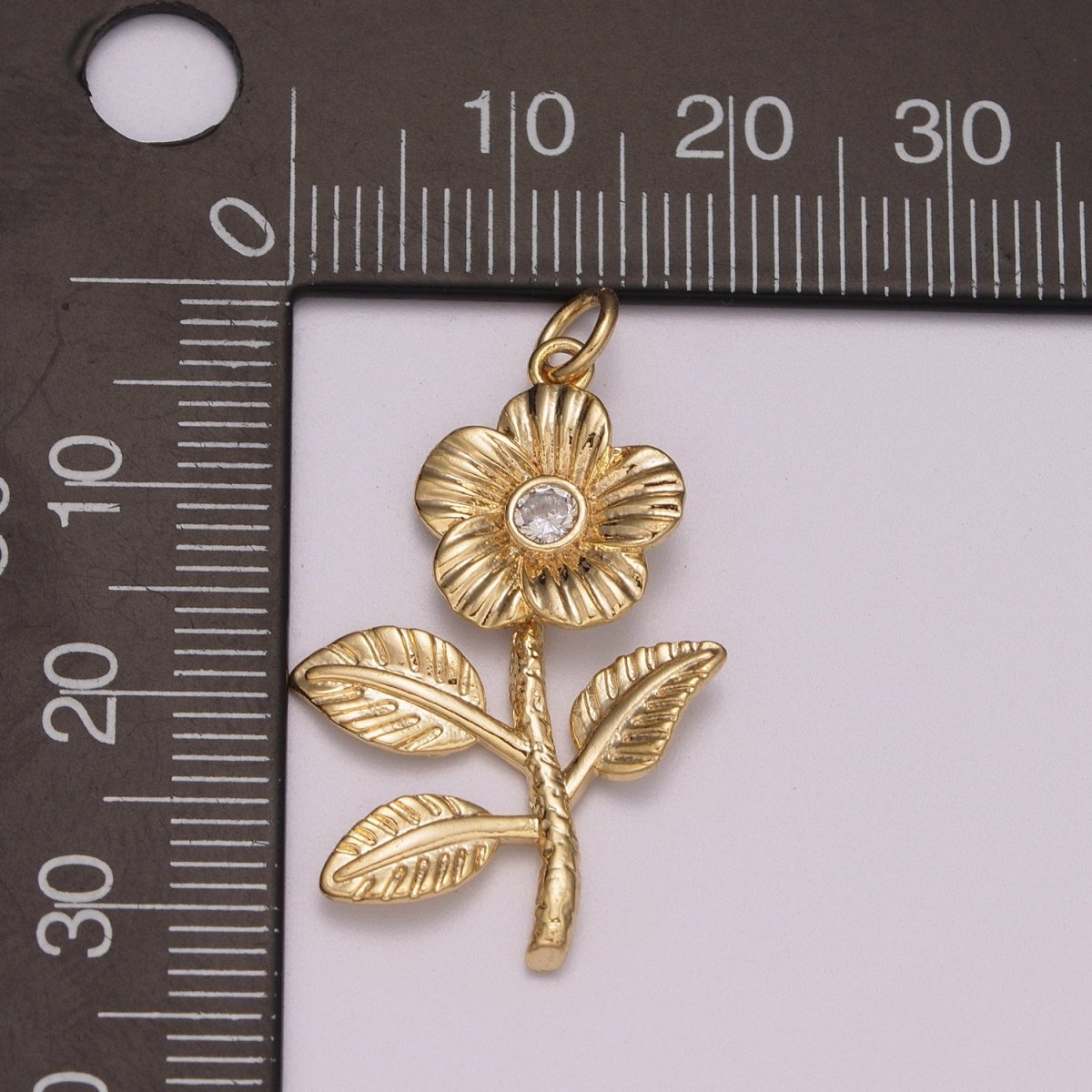 Mini Daisy Charm Gold Micro Pave Flower Charm, Clear Cubic Charms, CZ Leaf Floral Charm Dainty Small 3D Charm M-781