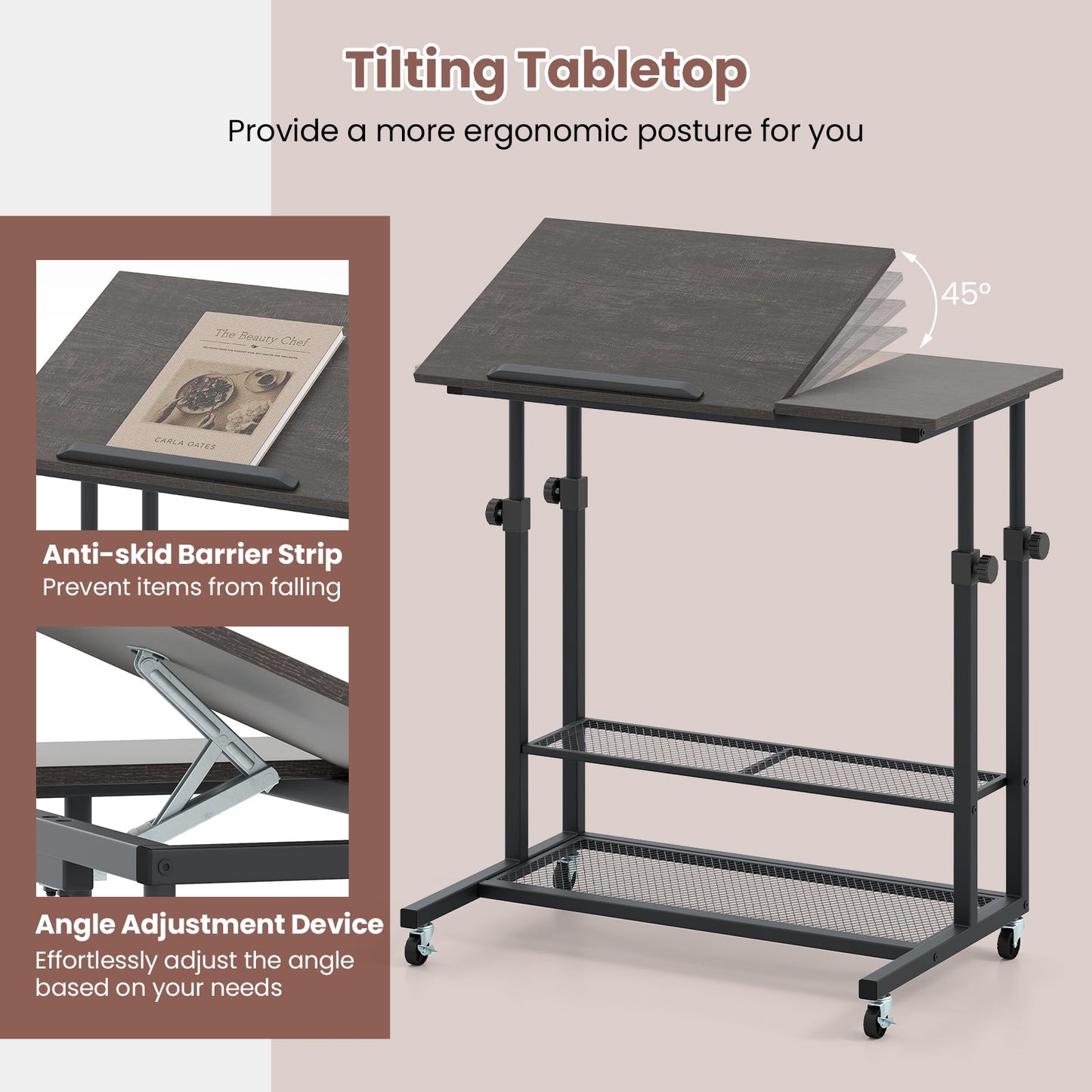 Mobile Stand up Desk Height Adjustable Standing Table with Tilting Tabletop