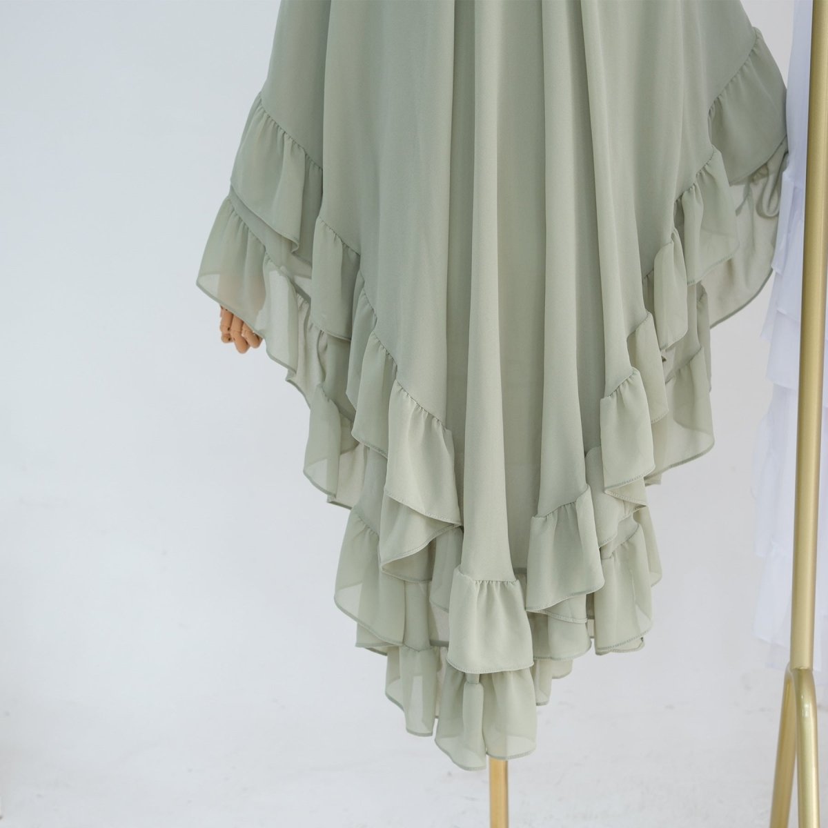 Soft Solid Color Muslim Hijabs with Flowy Cape Design | Double-Layer Ruffle-Edged Big Swing Headscarf (MK023)