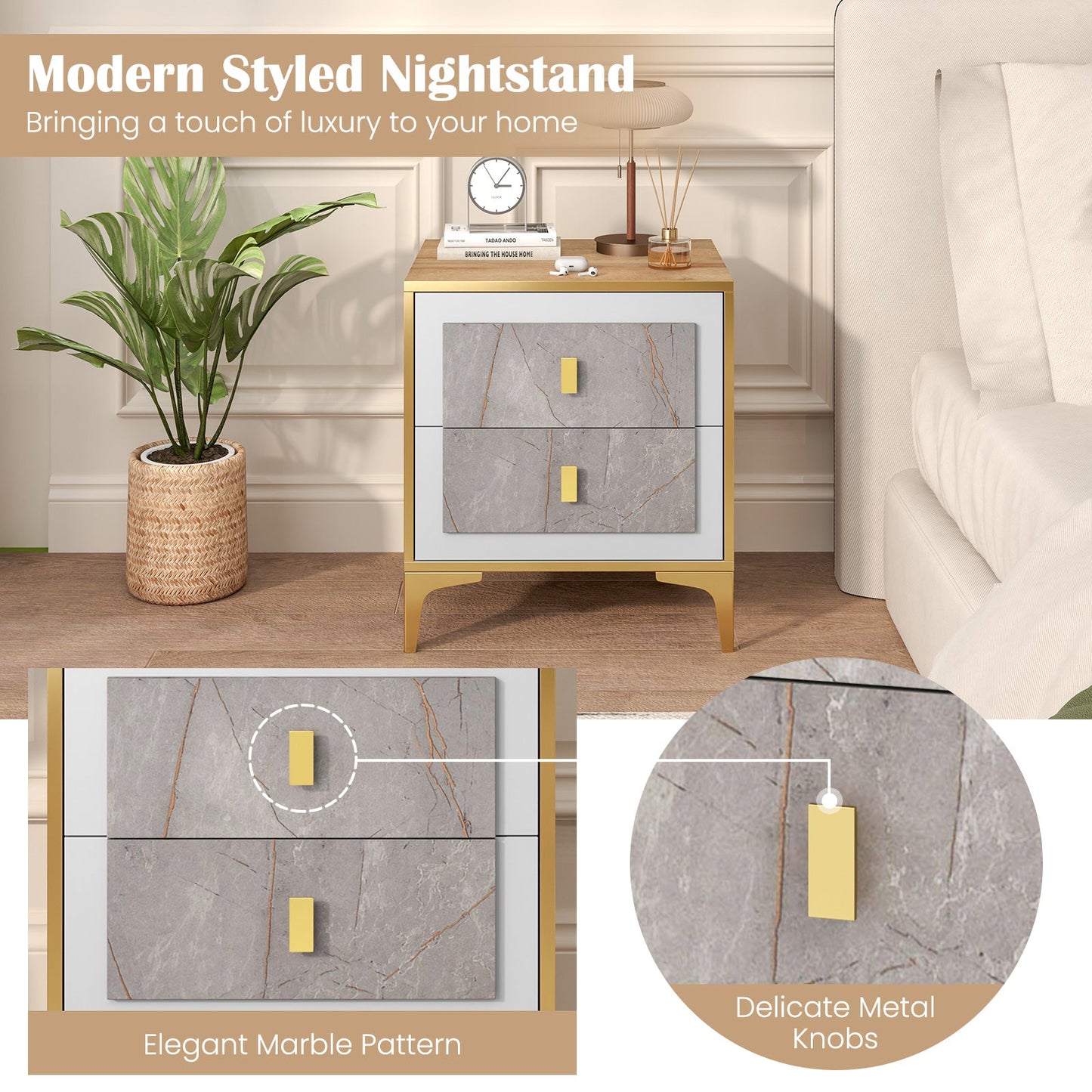 Nightstand with 2 Pull-out Drawers for Living Room Bedroom