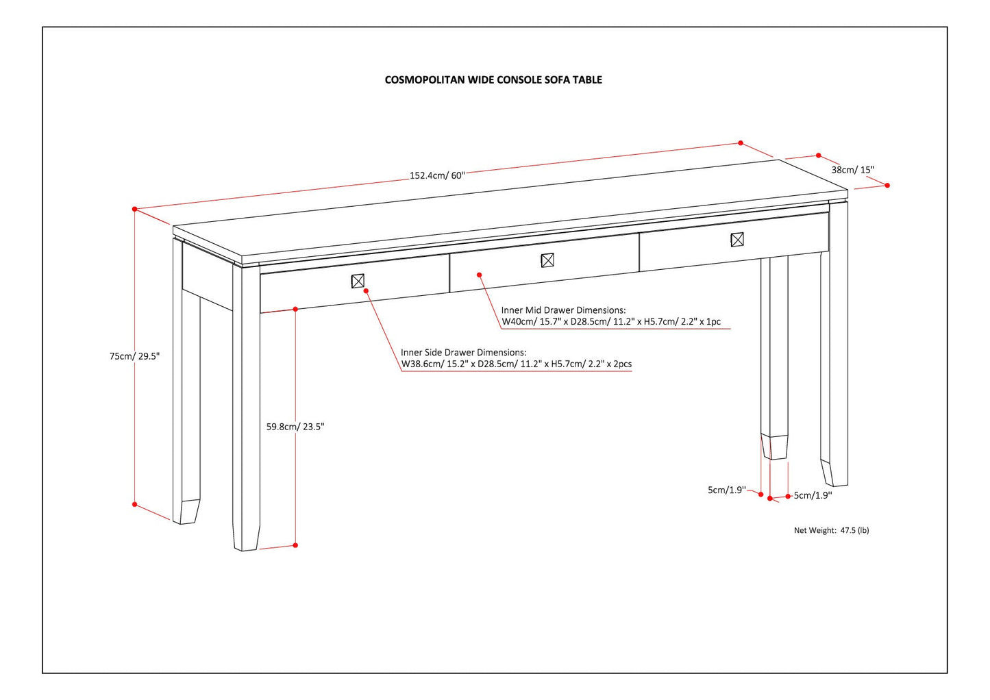 Cosmopolitan 60 Inch Wide Solid Wood Console Sofa Table