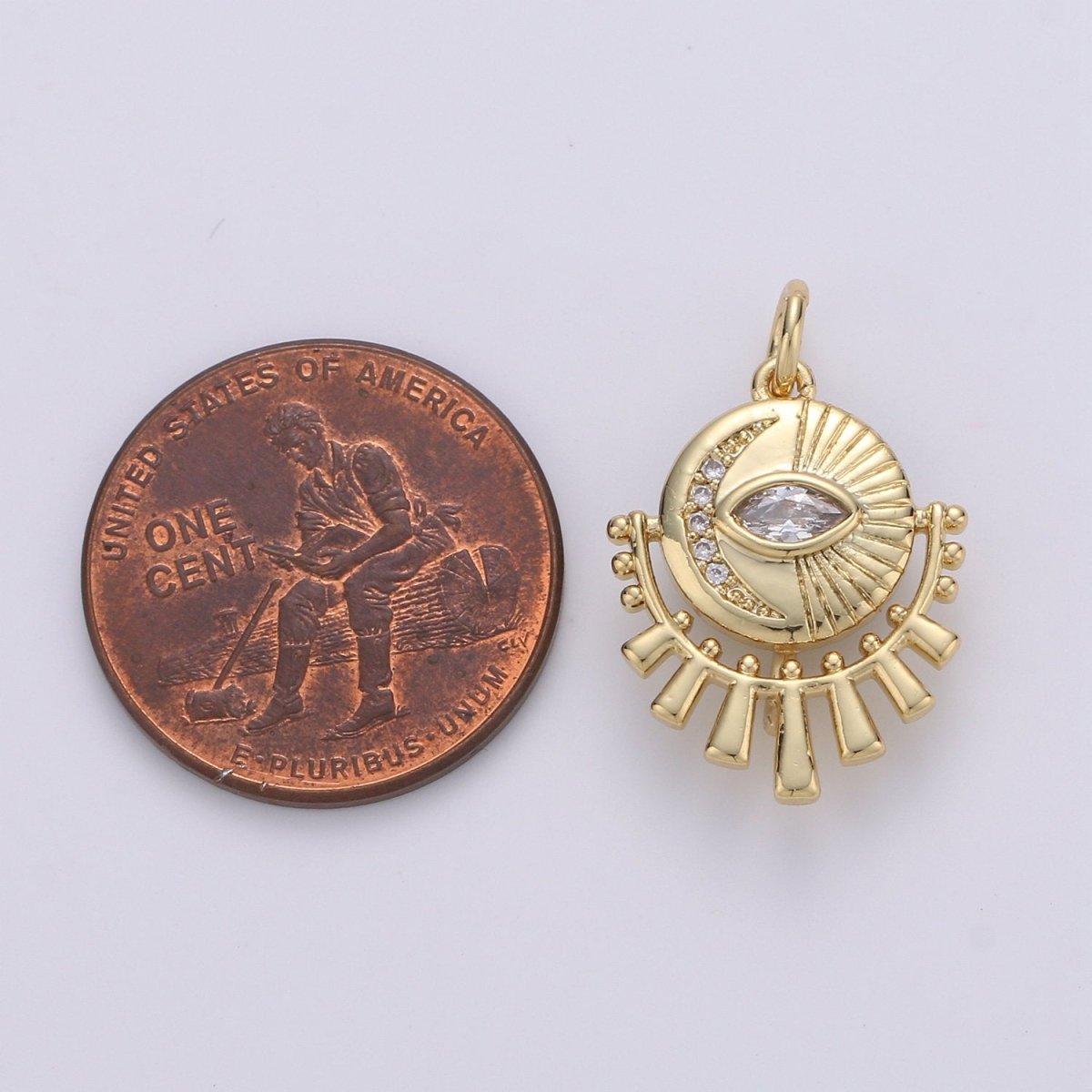 14K Gold Filled Moon Charm - Celestial Pendant Necklace - Crescent Moon Evil Eye Layering Necklace - Lunar Jewelry Gold medallion Charm D-214