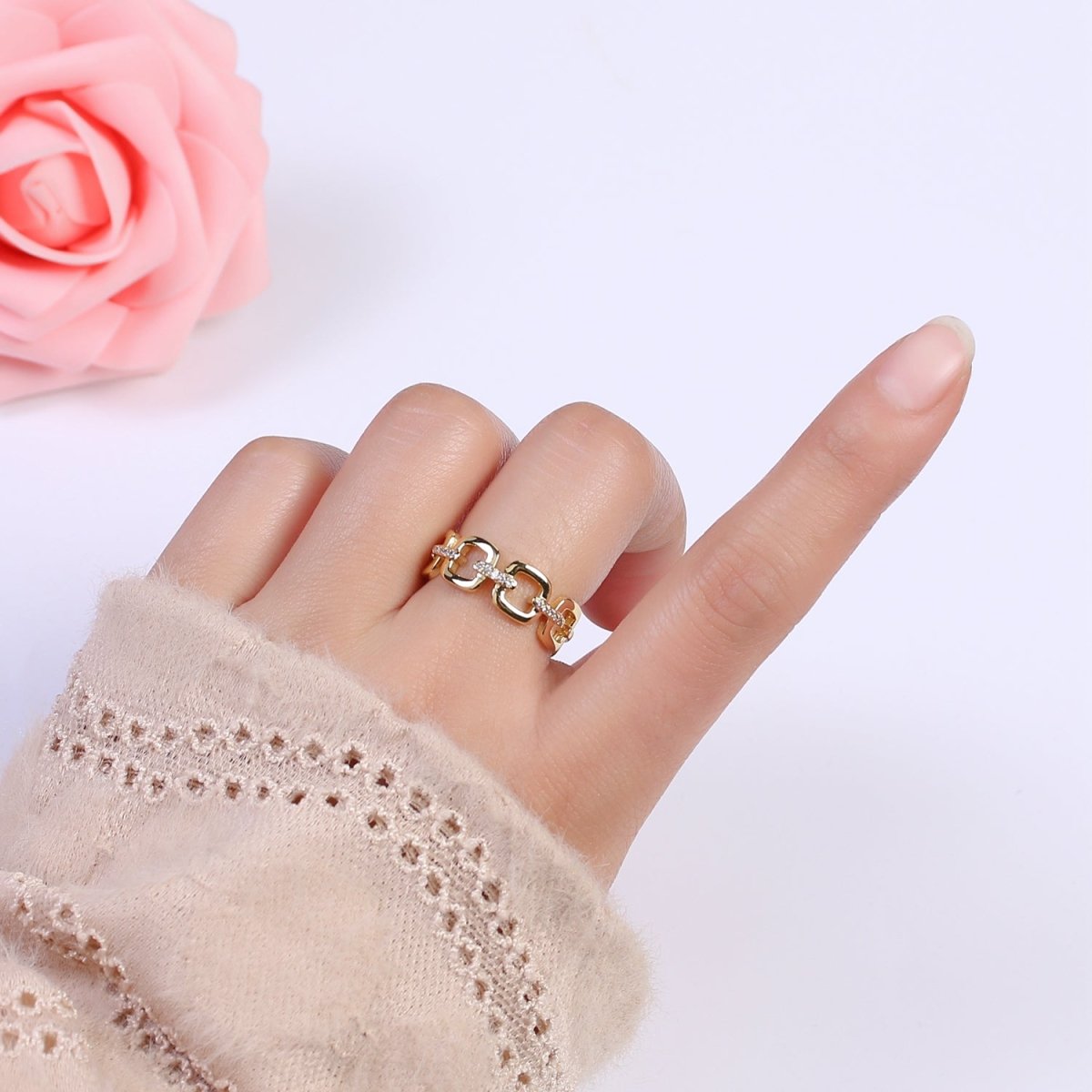 OS 24K Gold Filled Cable Paperclip Chain Link Ring, Dainty Micro Pave Cubic Zirconia CZ Ring S-347
