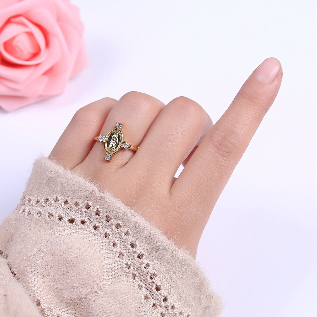 24K Gold Filled Oval Lady Guadalupe Ring, Crystal Zirconia CZ Adjustable Stacking Ring, Gift For Her | U-469