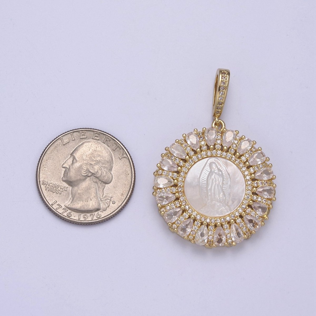 OZ CZ Micro Pave Lady Guadalupe On Round Coin Pearl Charms, 14K Gold Filled Virgin Mary Pendant, Mother of Pearl Necklace Charm, 42.5x30mm H-403