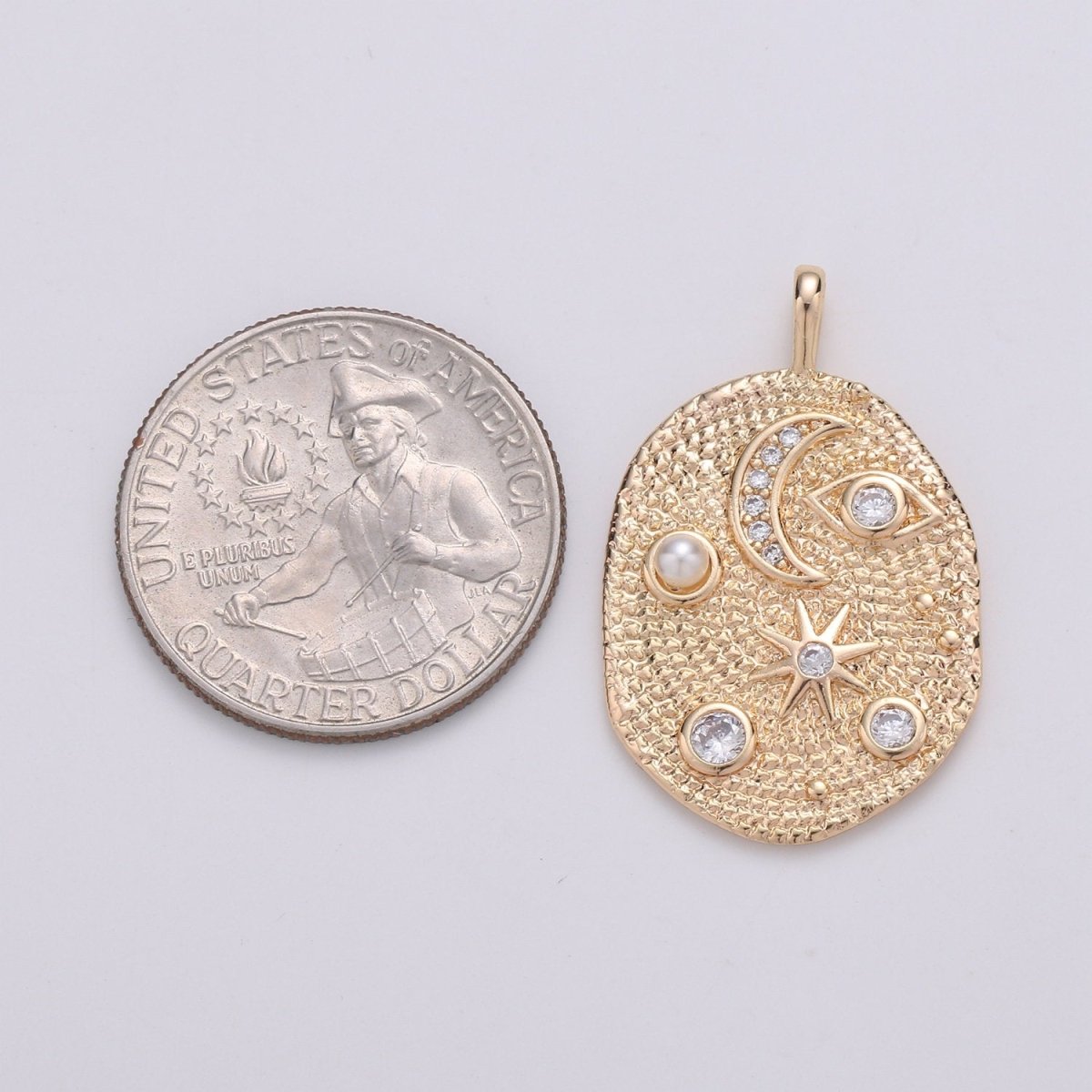 Pearl and Micro Pave Clear CZ Planet in the Ovum Pendant 14K Gold Filled Charm, Star, Crescent Moon, Galaxy, DIY Jewelry Necklace Making | D-738