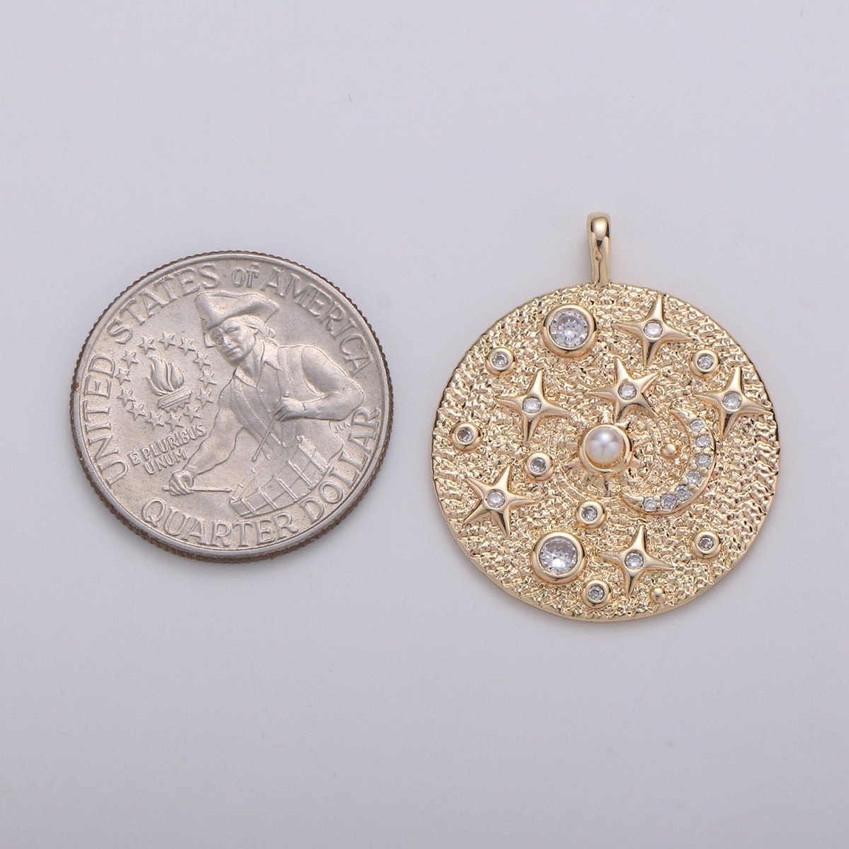 Pearl and Micro Pave CZ Planet in the Universe Round Pendant 14K gold Filled Charm, Star, Cresent Moon, Galaxy, DIY Jewelry Necklace making D-736