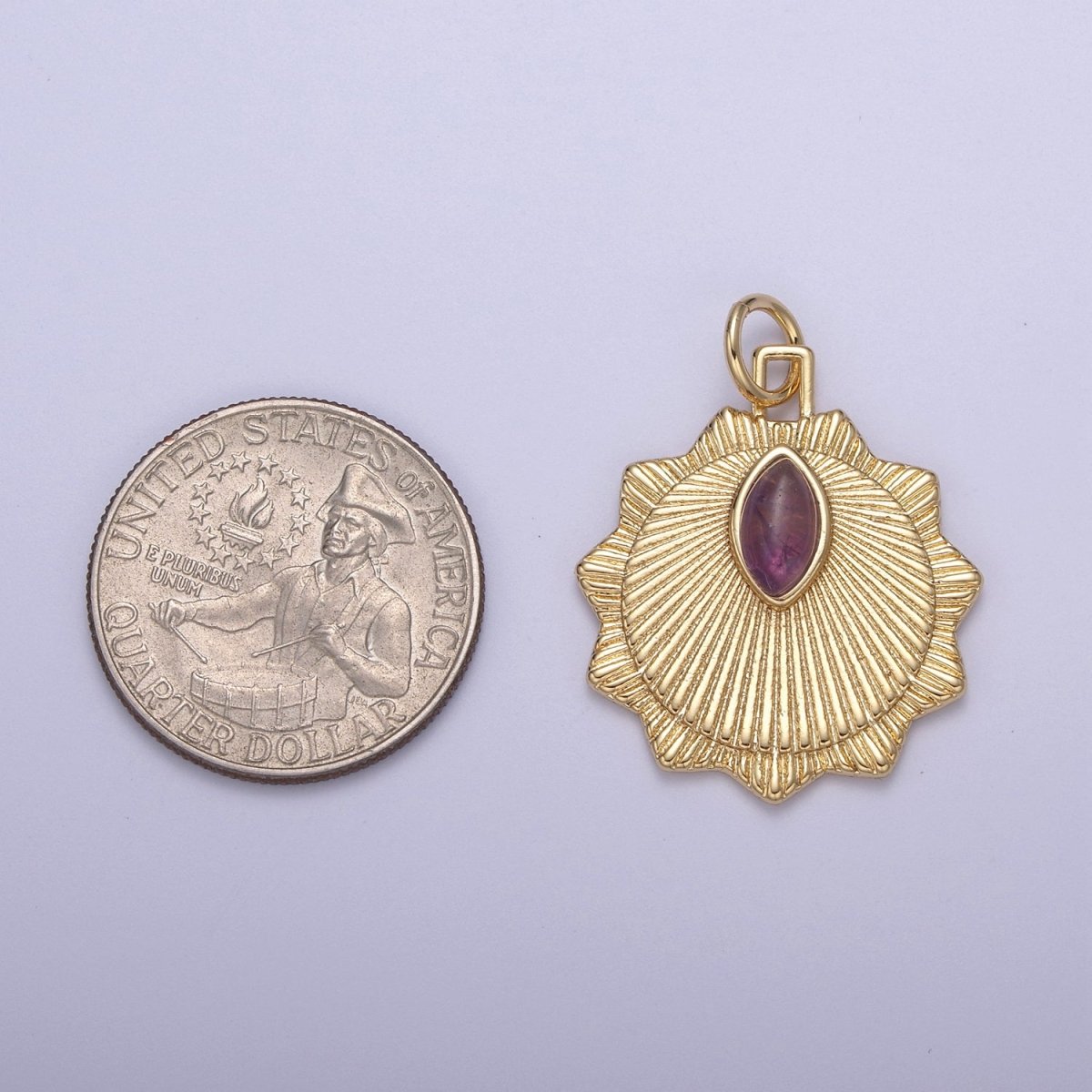 Radial Sun Token Medallion Charm Pendant for Necklace with Amethyst Gemstone N-399