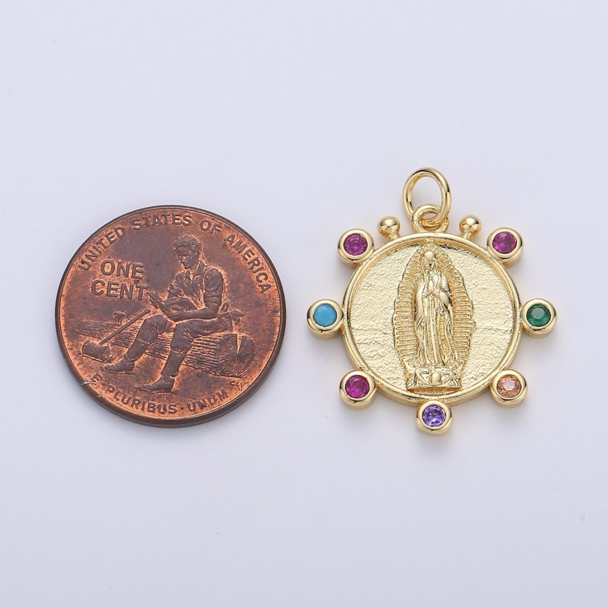 Rainbow 24K Gold Filled CZ Virgin Mary Pendant, Lady Guadalupe Round Disc Charm Mary Medallion, Rosary Charm Religious Jewelry D-685