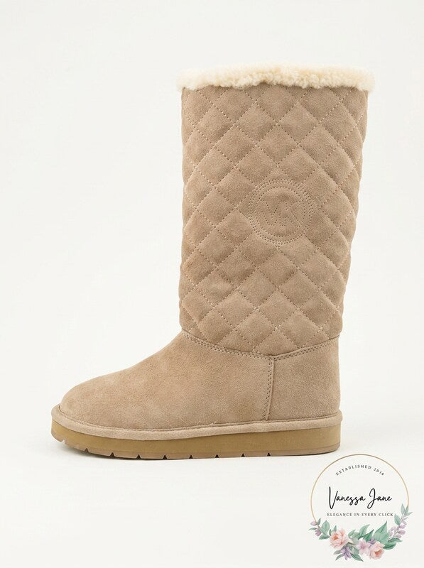 Michael Kors Sandy Quilted pieced Tall Boots khaki suede fur sherpa,Size 6