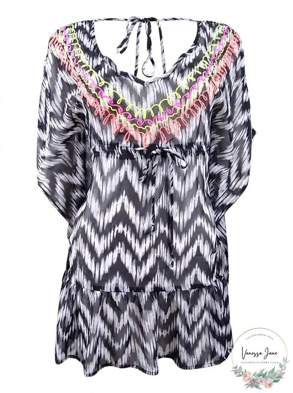 Miken Womens Embroidered V-Back Ruffled Tunic Dress Swim Cover-Up , Medium