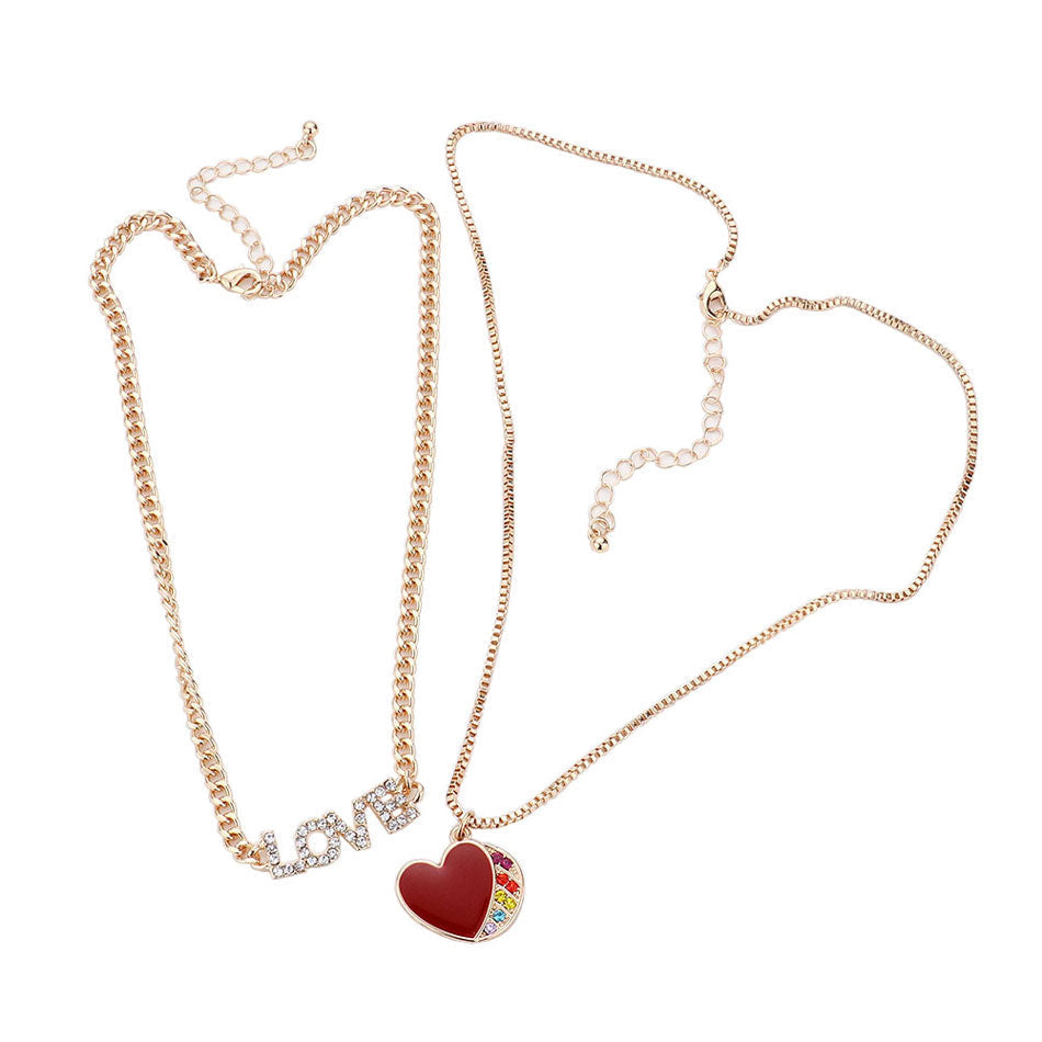 Rhinestone LOVE Message Enamel Heart Pendant Jewelry Set