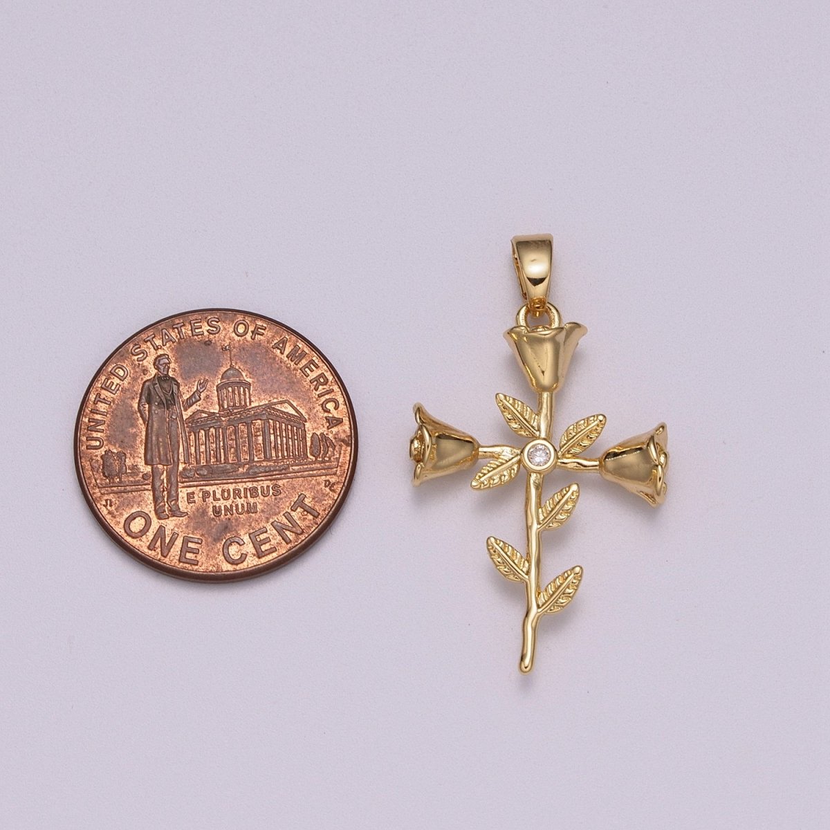 Rose Flowers and Leaves Crucifix Cross Charm 18K Gold Filled Pendant for Necklace Bracelet Earring N-1426