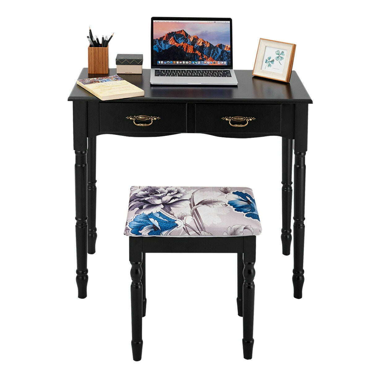 Simple Vanity Set with Tri-Folding Mirror Drawers and Storage Shelf