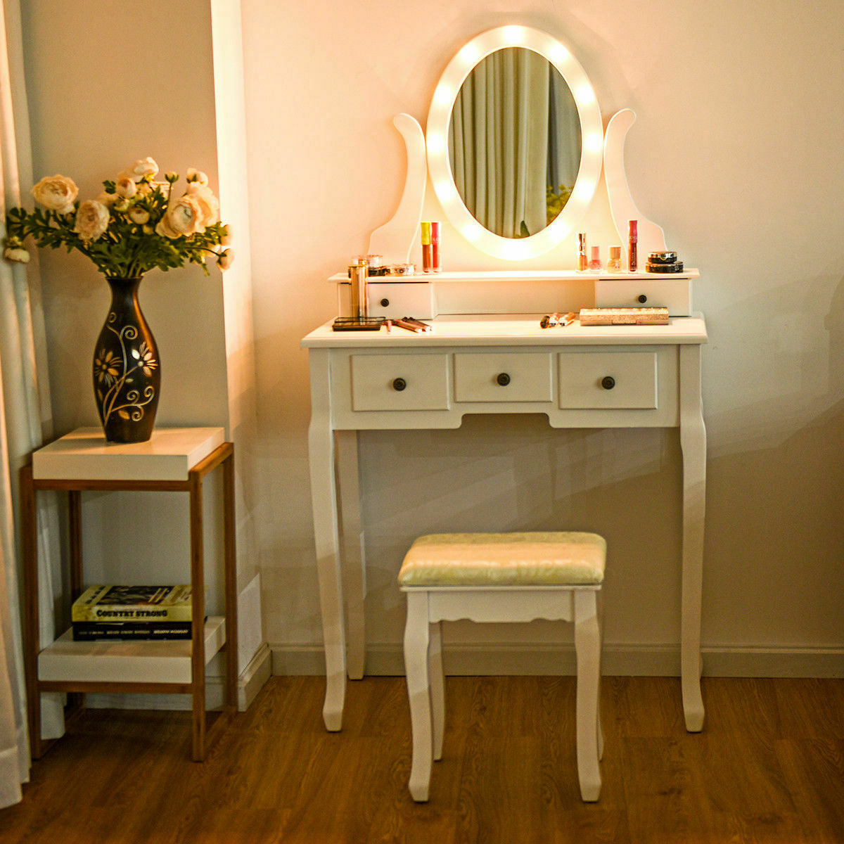 5 Drawers Vanity Table Stool Set with 12-LED Bulbs