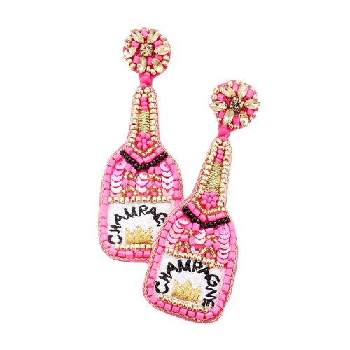 Sequin Beaded Embellished Crown Champagne Earrings