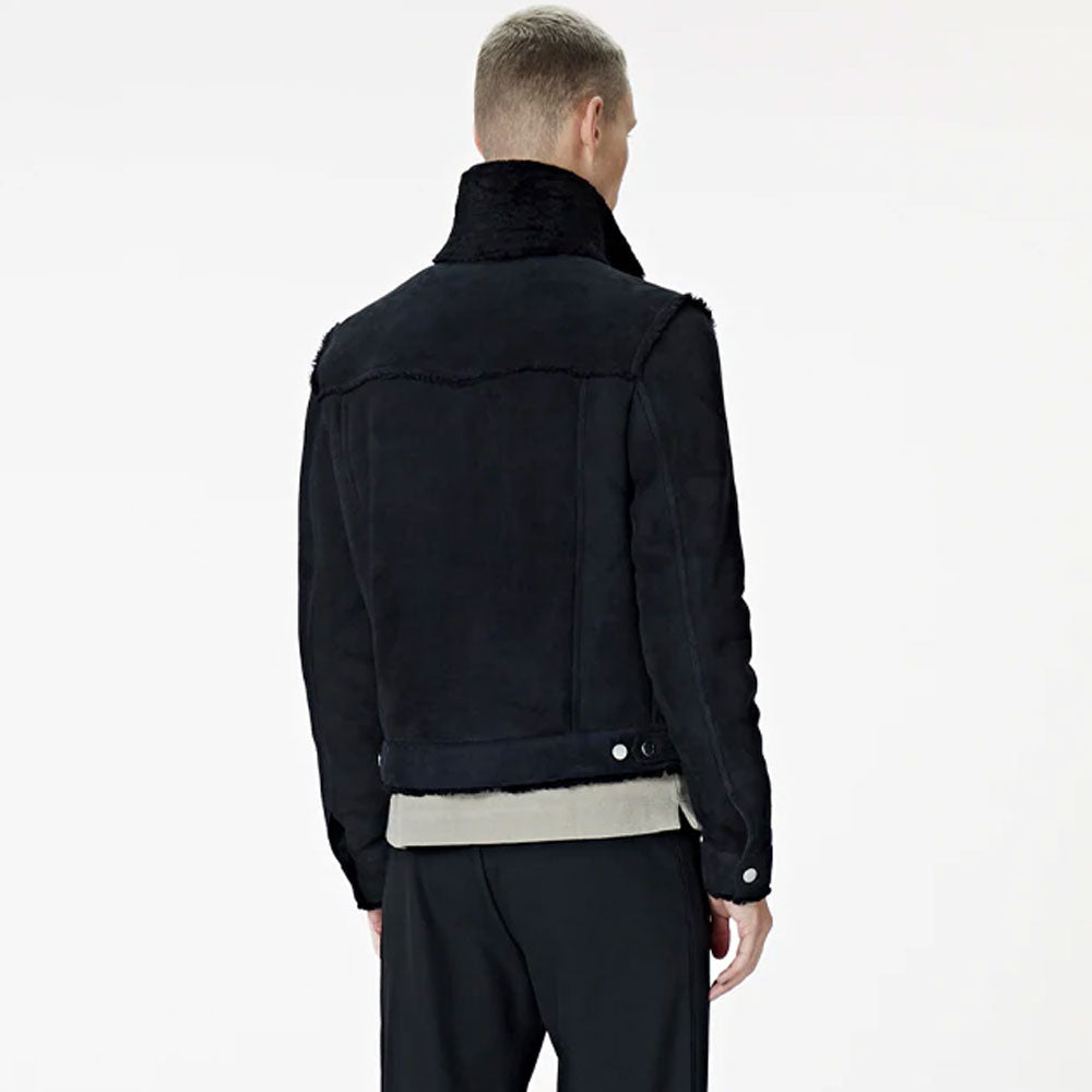 Men’s Black Suede Shearling Leather Bomber Jacket