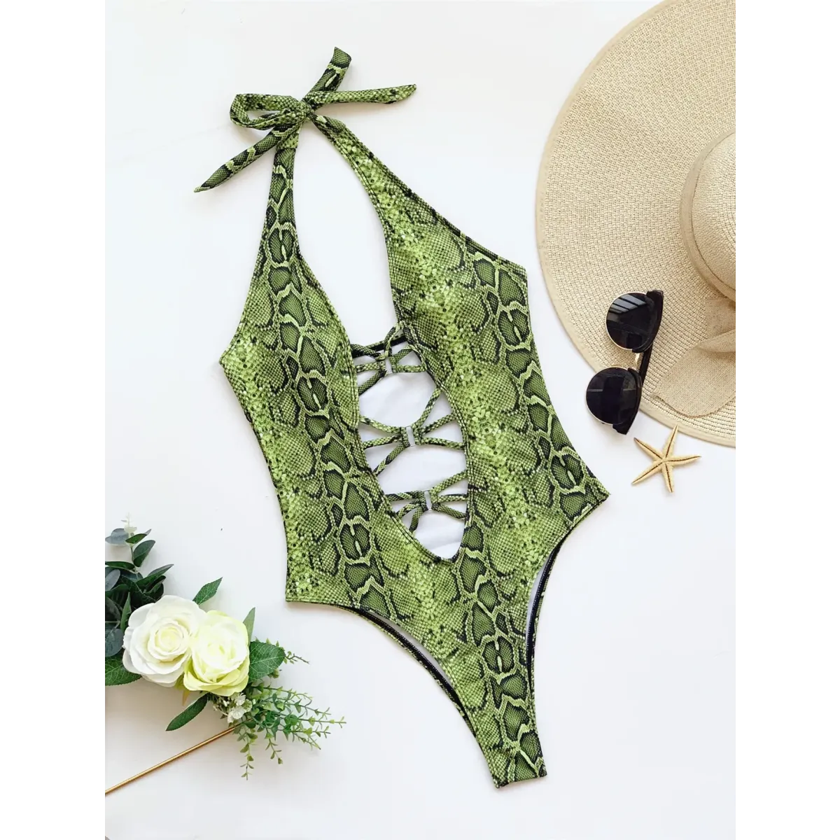 Snake Print Cutout One-Piece β Deep V Thong Swimwear