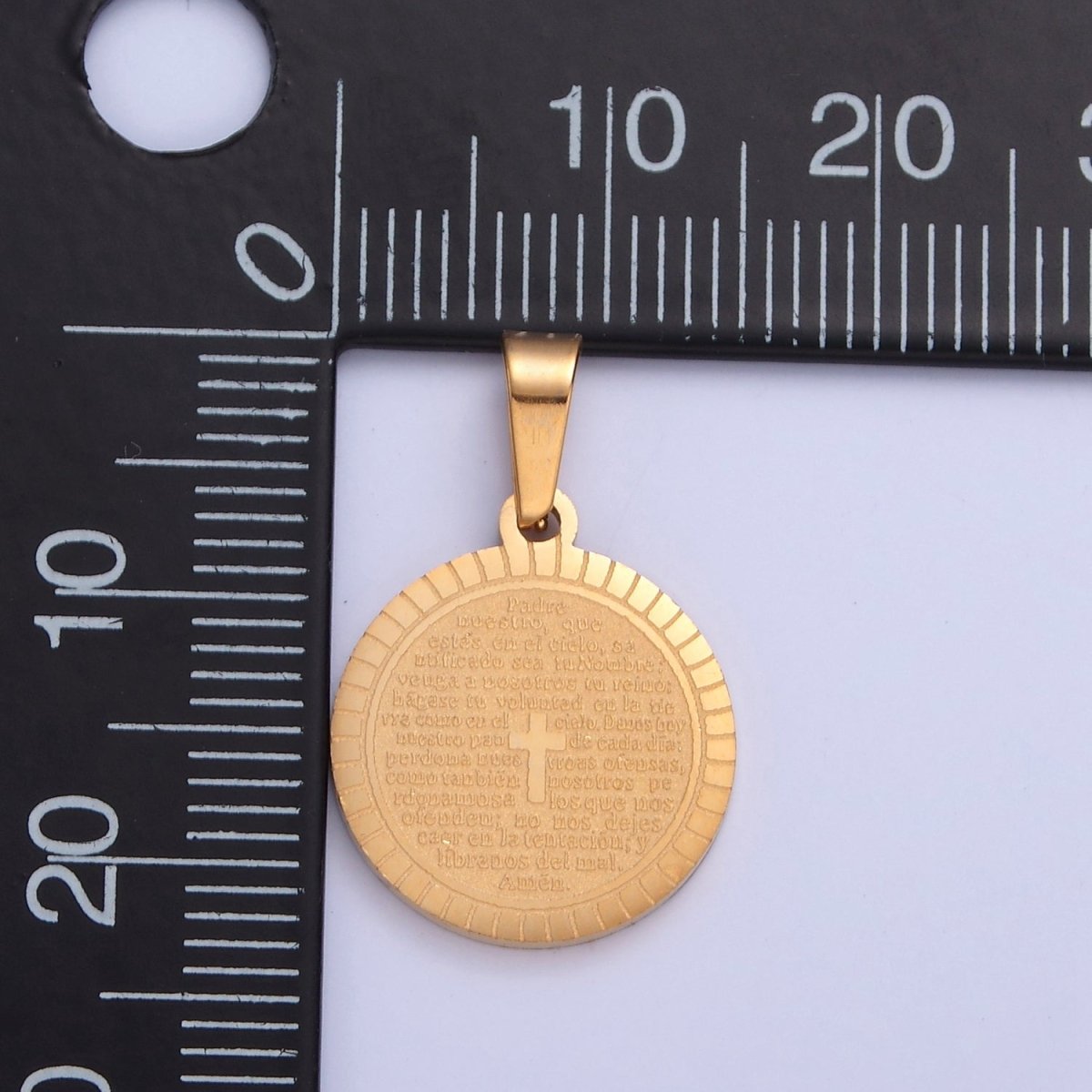 Stainless Steel Round Medallion, The Lord's Prayer in Spanish, Religious Cross in Silver & Gold I-439 I-444