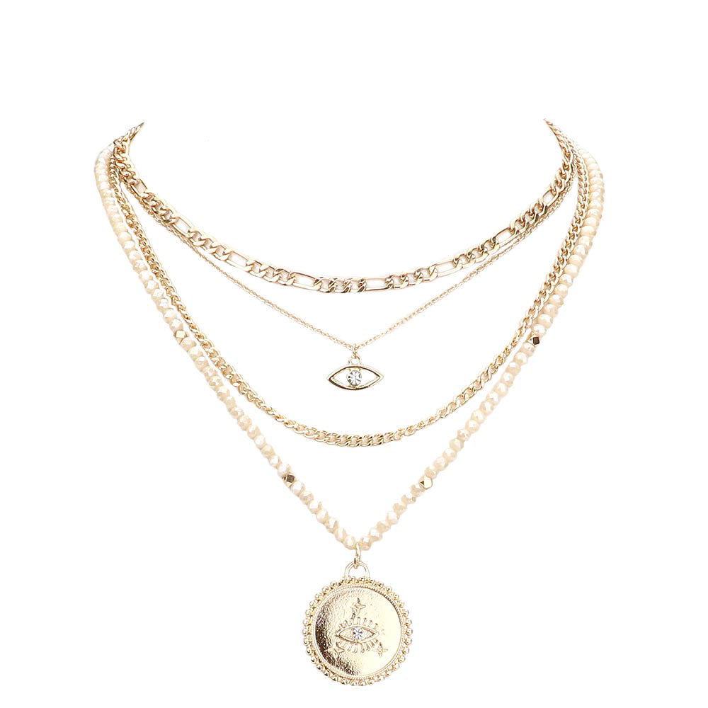 Stone Embellished Evil Eye Pendant Multi Layer Bib Necklace