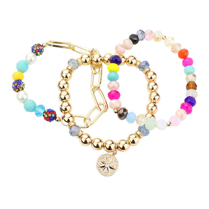 Stone Embellished North Star Charm Beaded Stretch Bracelets