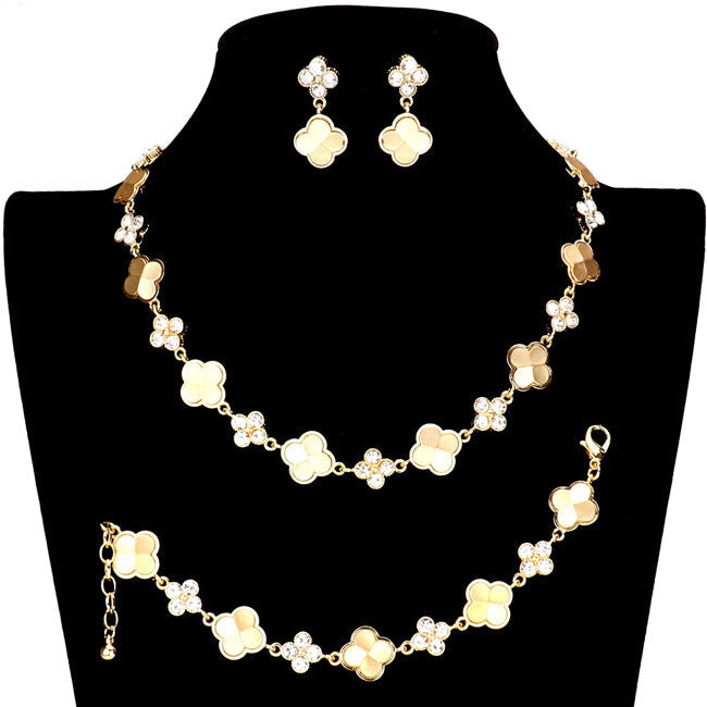 Stone Embellished Quatrefoil Link Necklace Earring Bracelet