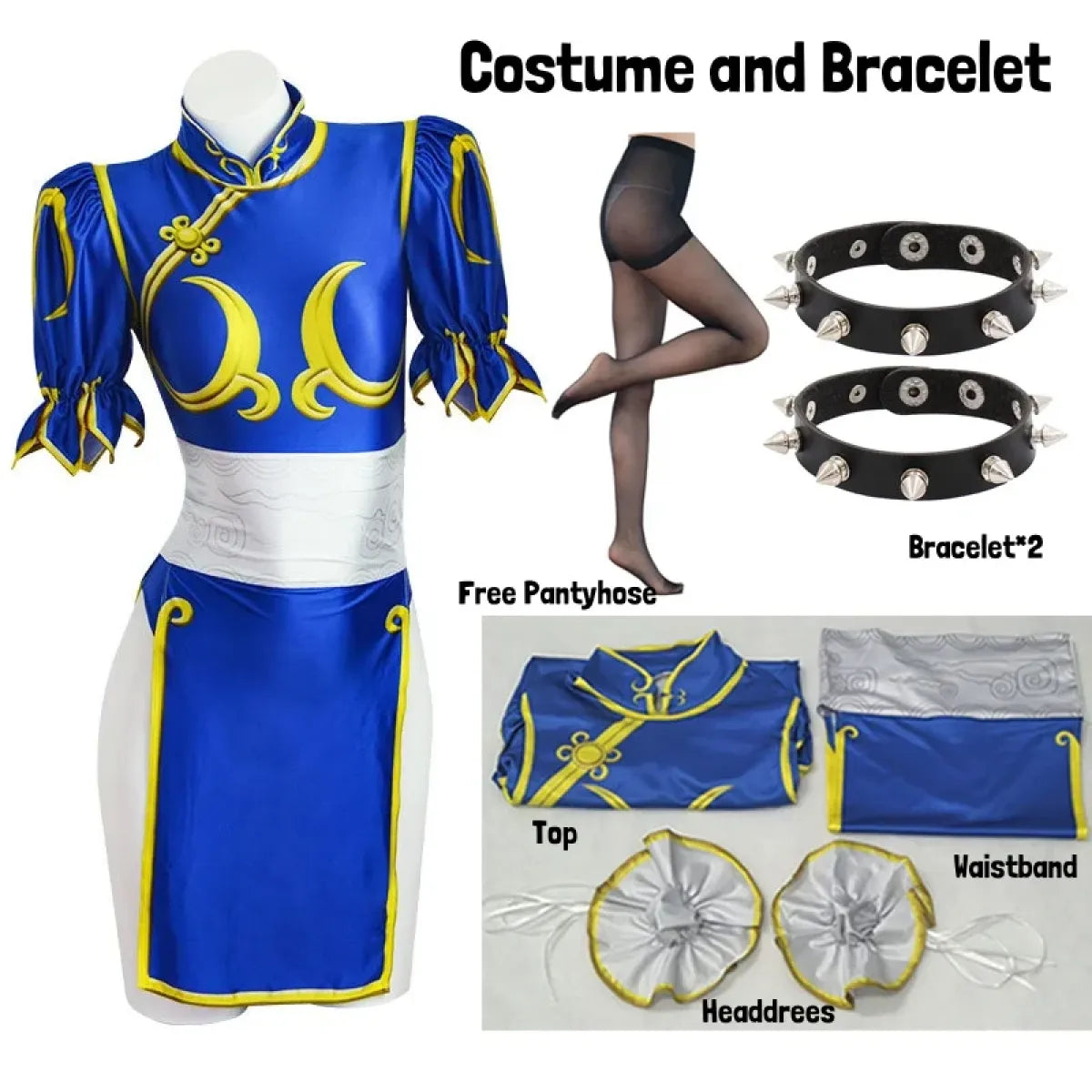Chun Li Cosplay Costume β Street Fighter Blue Cheongsam Set with Headdress