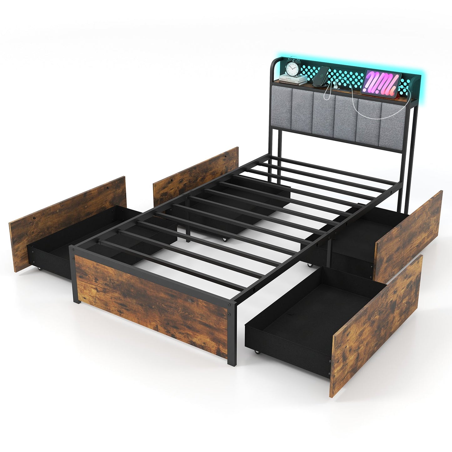 Twin/Full/Queen Bed Frame with LED Lights Upholstered Headboard and 4 Storage Drawers