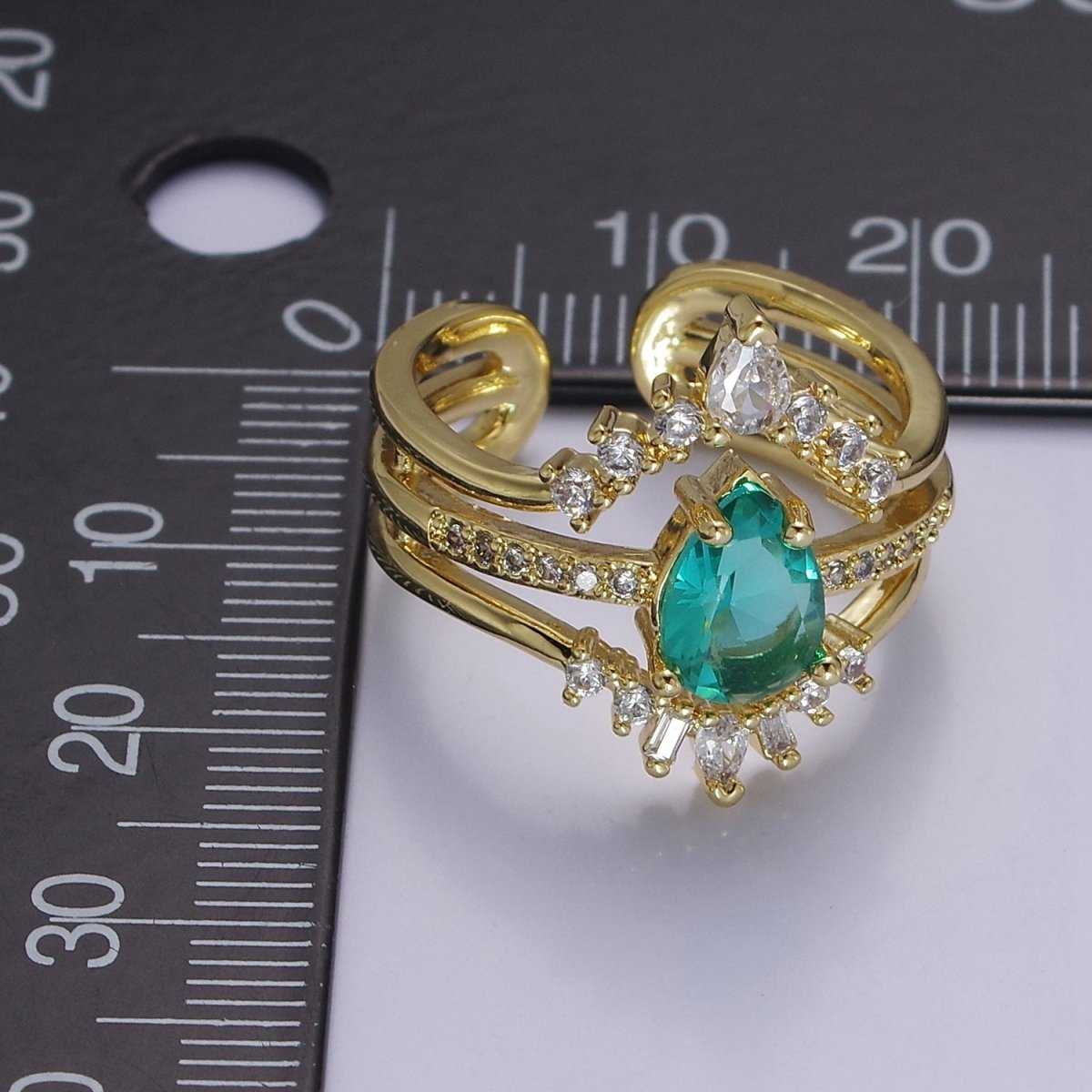Teardrop Aqua CZ March Birthstone Micro Paved Triple Band Statement Gold Ring | O-2182