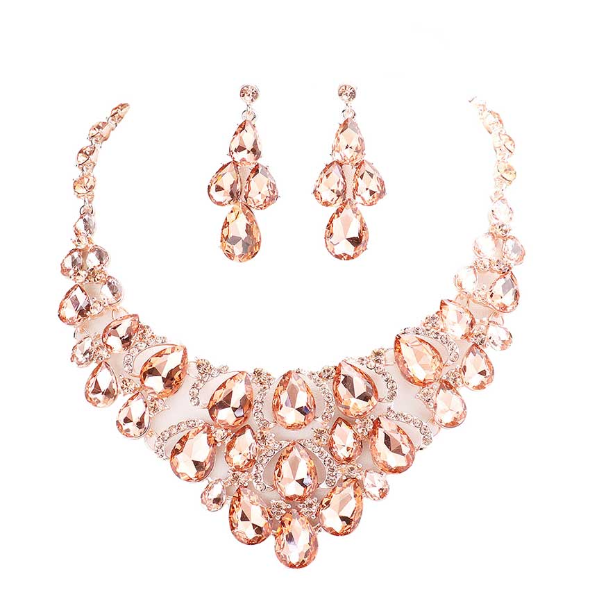 Teardrop Stone Cluster Evening Necklace Earring Set