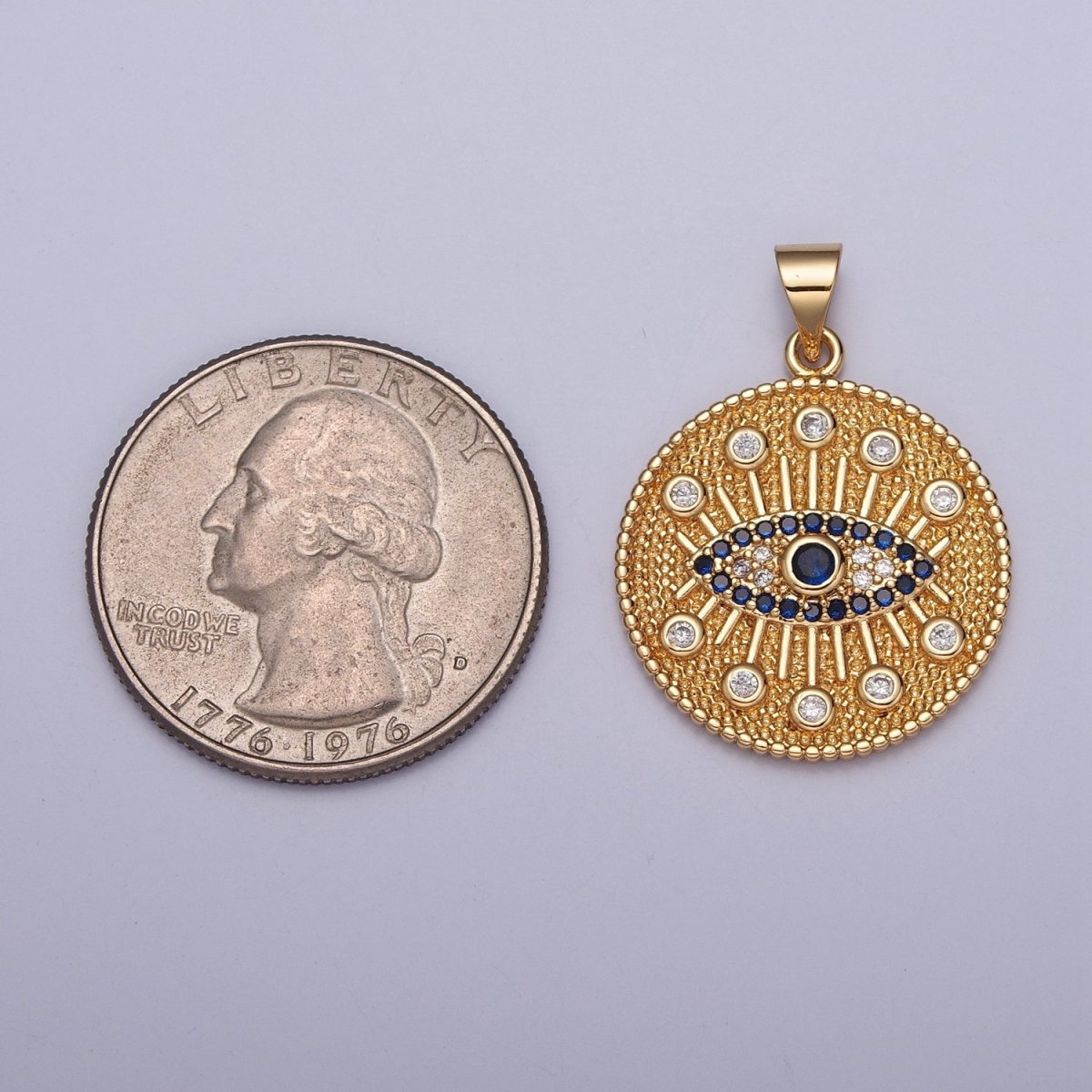 Textured Round Evil Eye Medallion, Protection Eye of Ra Cubic Zirconia CZ Pendant For Jewelry Making H-688