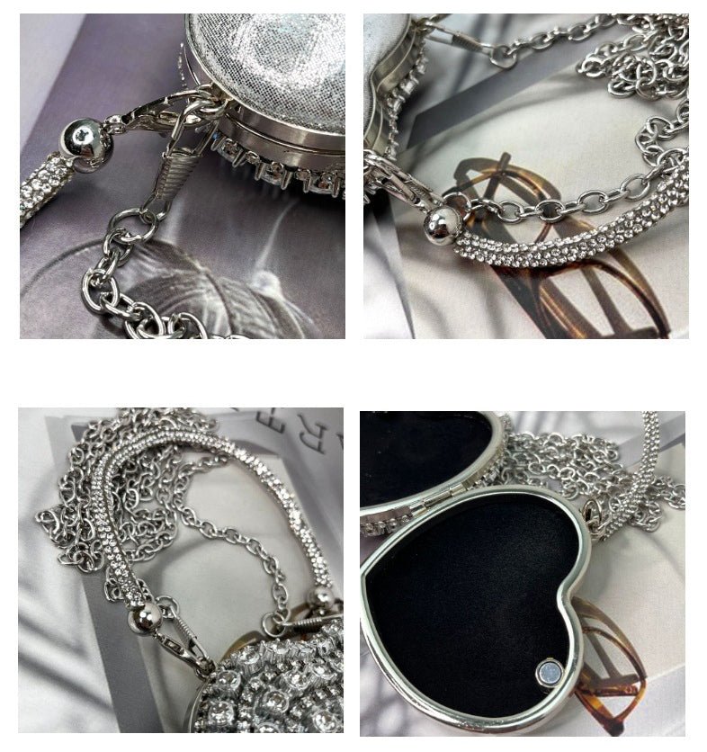 Trendy Mini Heart Chain Clutch Bag with Rhinestones – Elegant Evening Crossbody Purse for Women(MAC240)