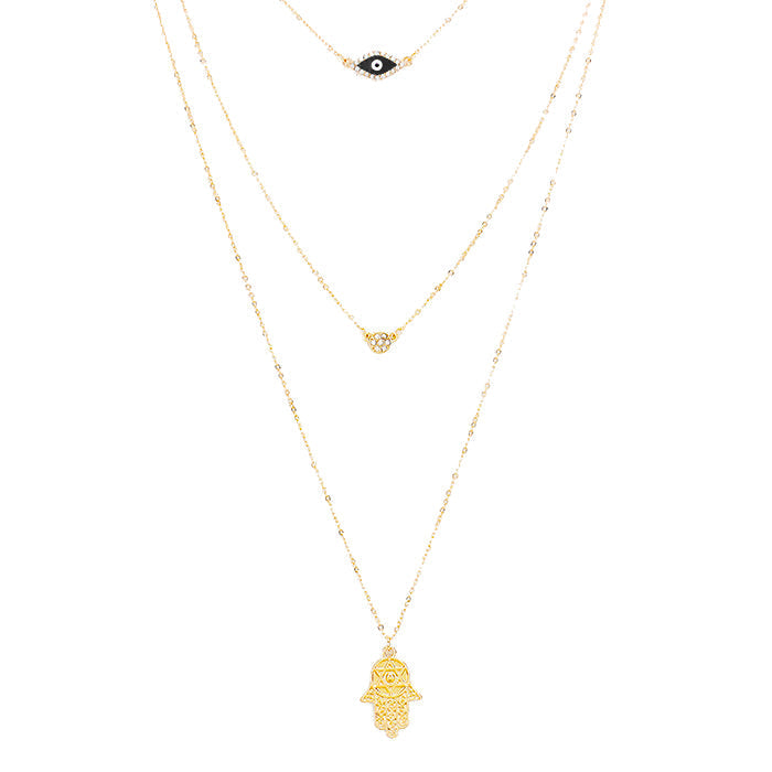 Triple Layered Crystal Evil Eye Hamsa Hand Pendant Necklace