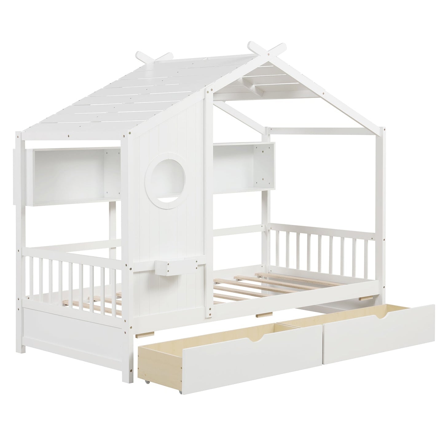 Twin Size House Bed with 2 Storage Drawers and Fence Guardrails
