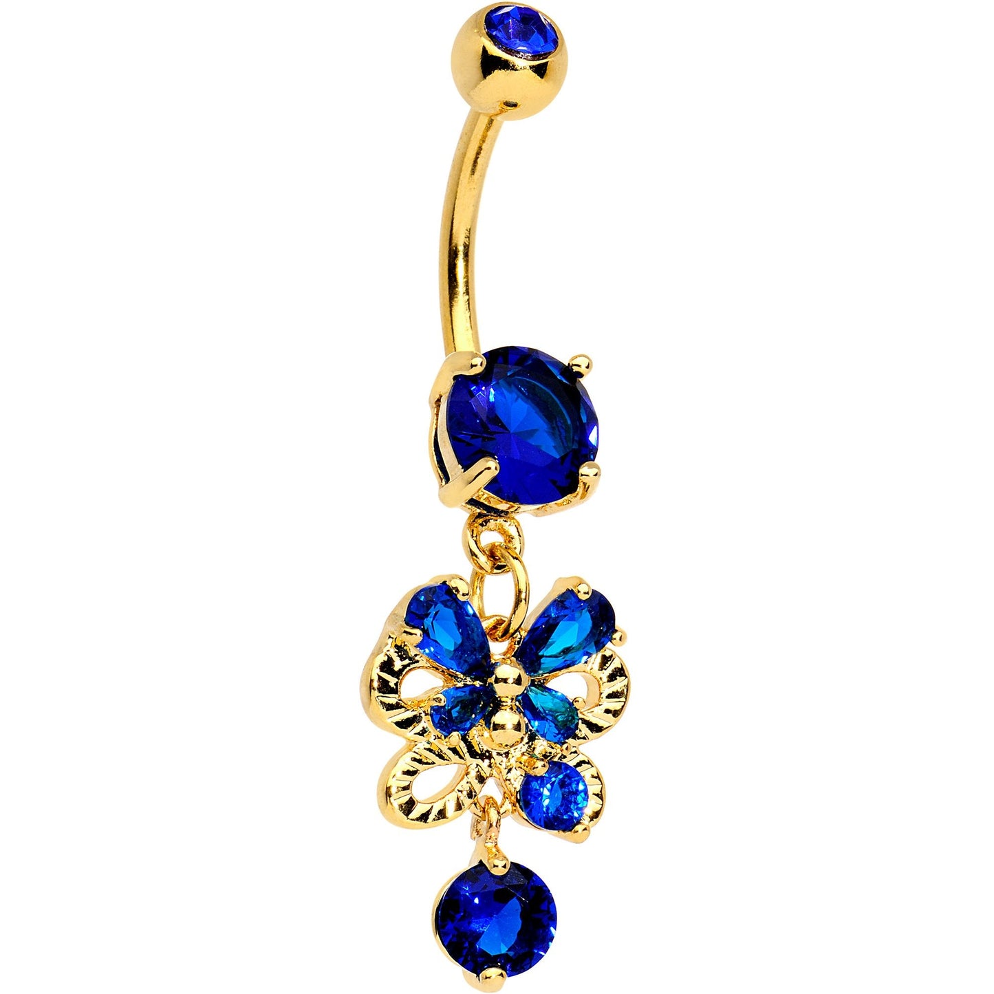Blue CZ Gem Gold Tone Anodized Butterfly Bow Dangle Belly Ring