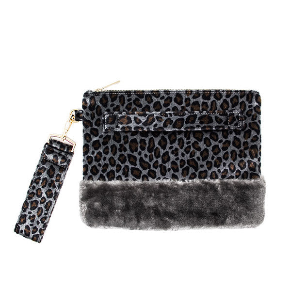Vegan Leopard Faux Fur Trim Clutch Wristlet Bag
