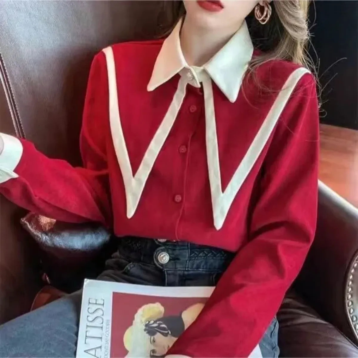 Vintage Peaked Collar Blouse β Elegant Puff Sleeve Button-Up Shirt