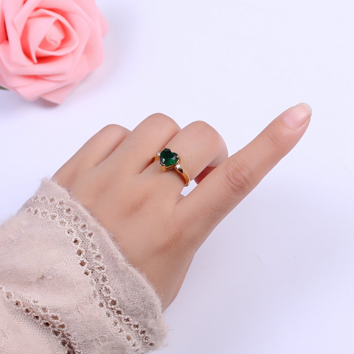 Vintage solitaire Green, Clear, Pink wedding ring heart cut Cubic Zirconia Yellow gold Open Adjustable Ring S-250 ~ S-252