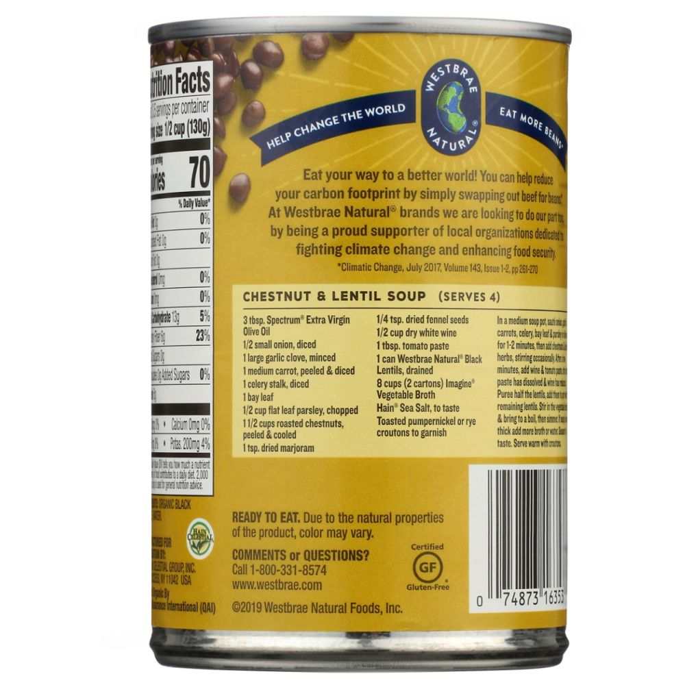 WESTBRAE: Organic Black Lentils No Salt Added, 15 oz