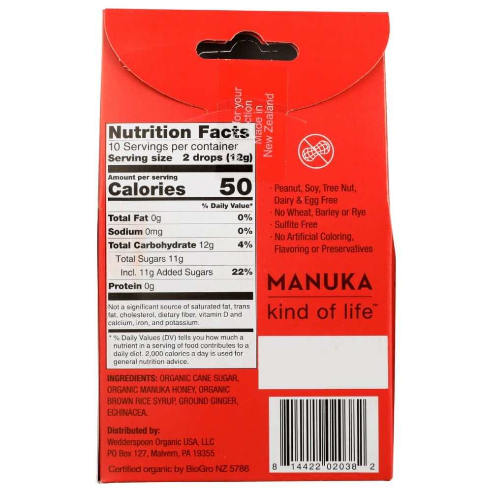 WEDDERSPOON Organic Manuka Honey Drops - Ginger Flavor, 4 oz