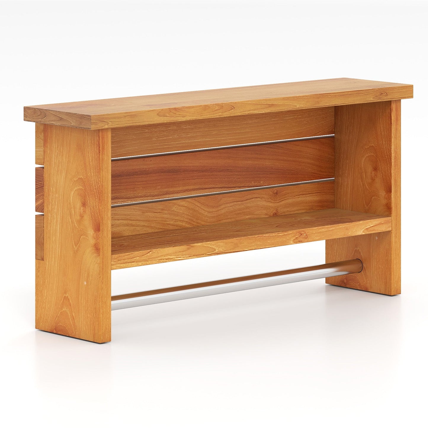Wall-Mounted 2-Tier Solid Teak Wood Bathroom Shelf with Towel Bar