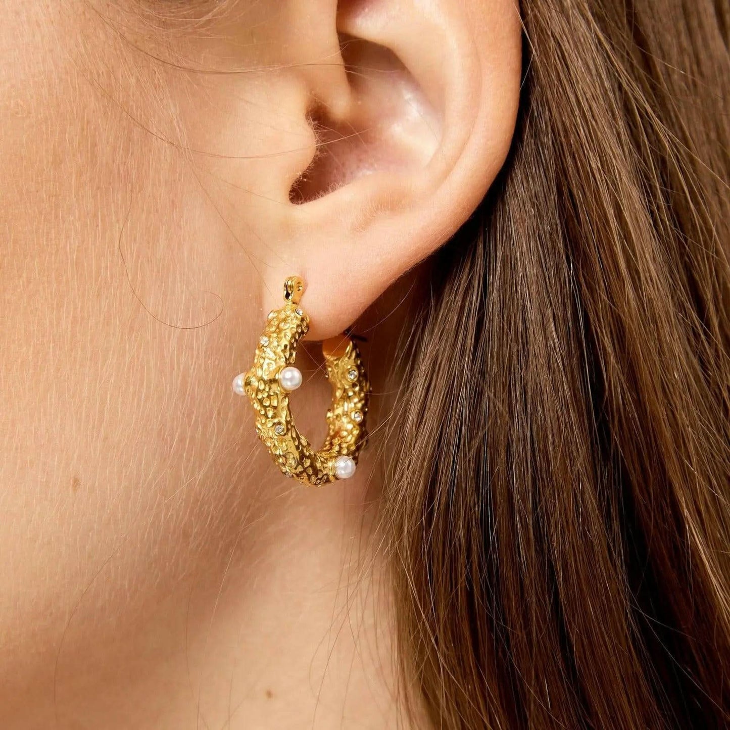 Waterproof Show Me Pearls Hoop Earrings Gold Plated