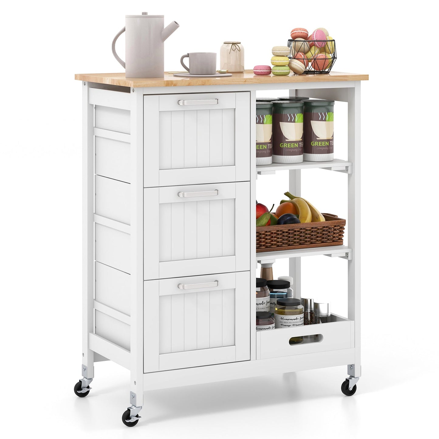 Kitchen Island Cart on Wheels with Rubber Wood Top and 3 Drawersand Removable Tray