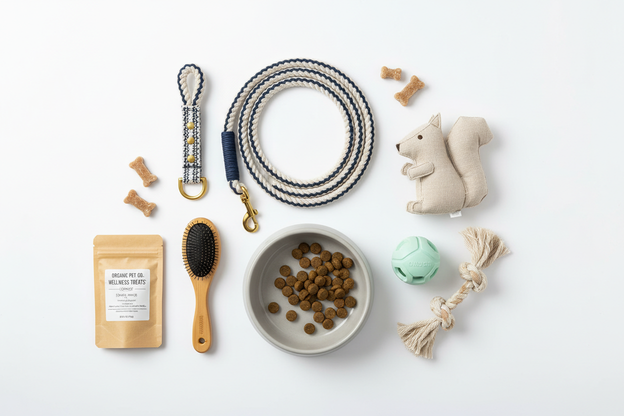 Pet supplies flat lay