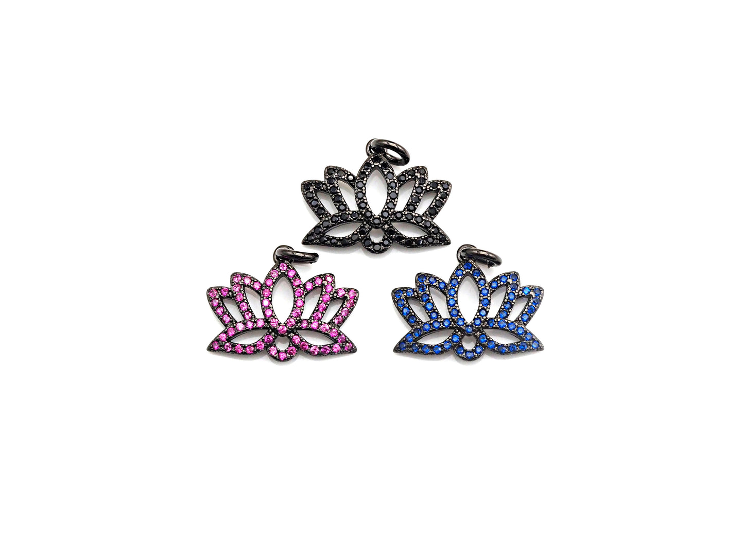 CZ Micro Pave lotus Flower Charm, Lotus Flower Cubic Zirconia Pendant, Black/Fuchsia/Cobalt CZ Yoga Charm Findings, 15x19mm,SKU#X134