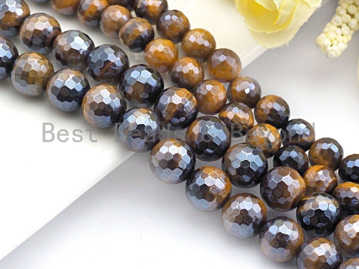 Plated Brown Tiger Eye Attachment Necklace with Large CZ Pave Silver clasp, 18 long, 8mm/10mm beads size, sku#D46