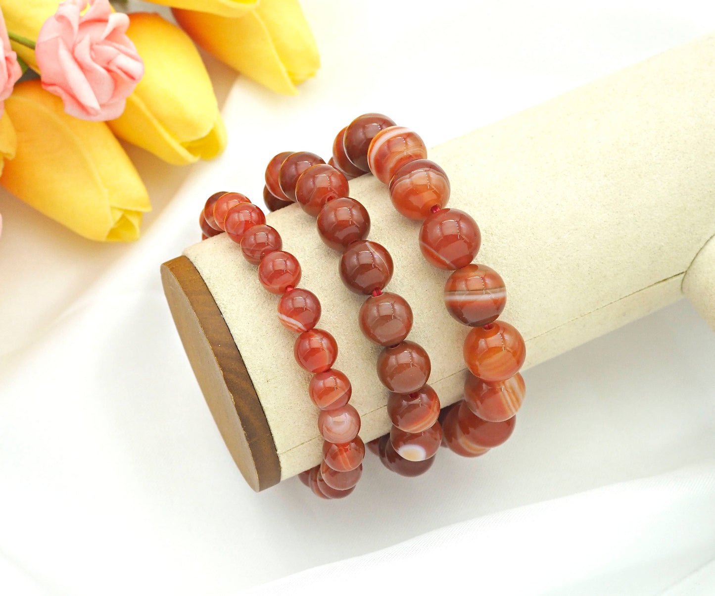 Natural Orange Red Banded Agate Stretch Bracelet, EF14
