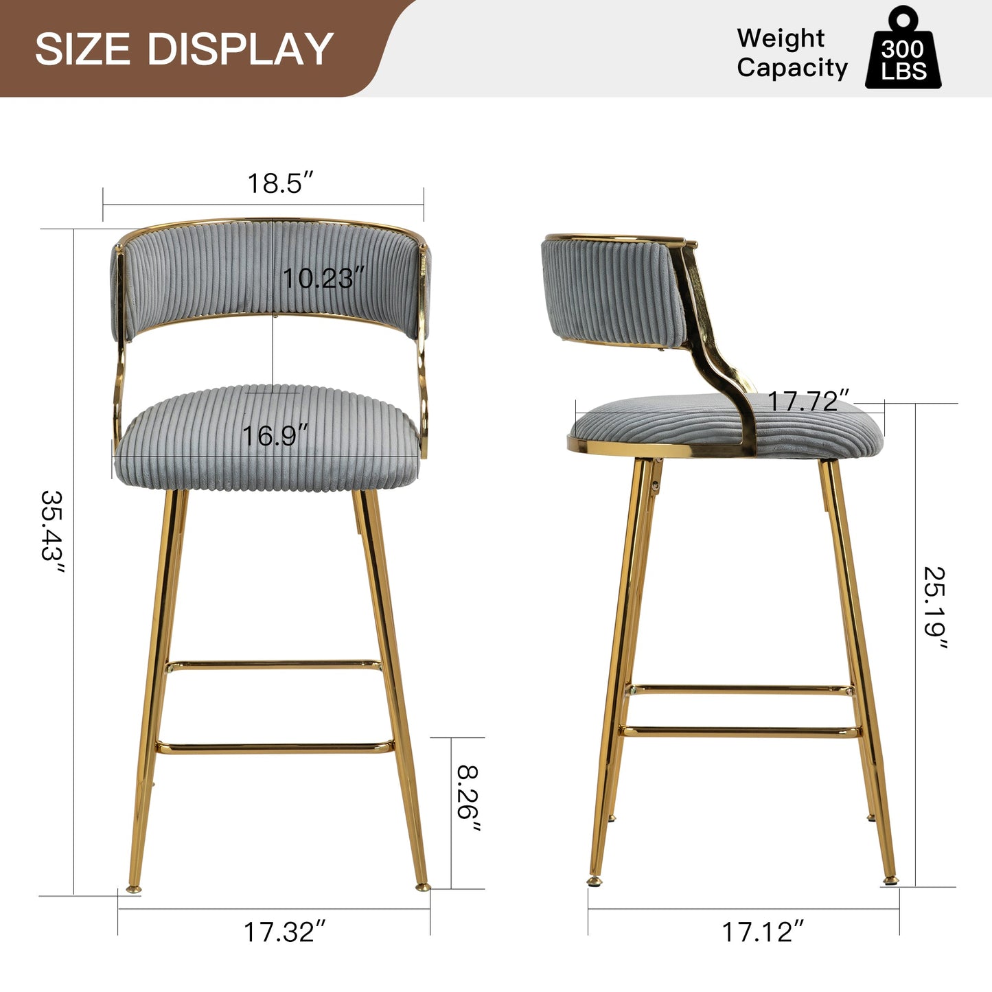 Set of 2, 26'' Counter Height Bar Stools - Grey