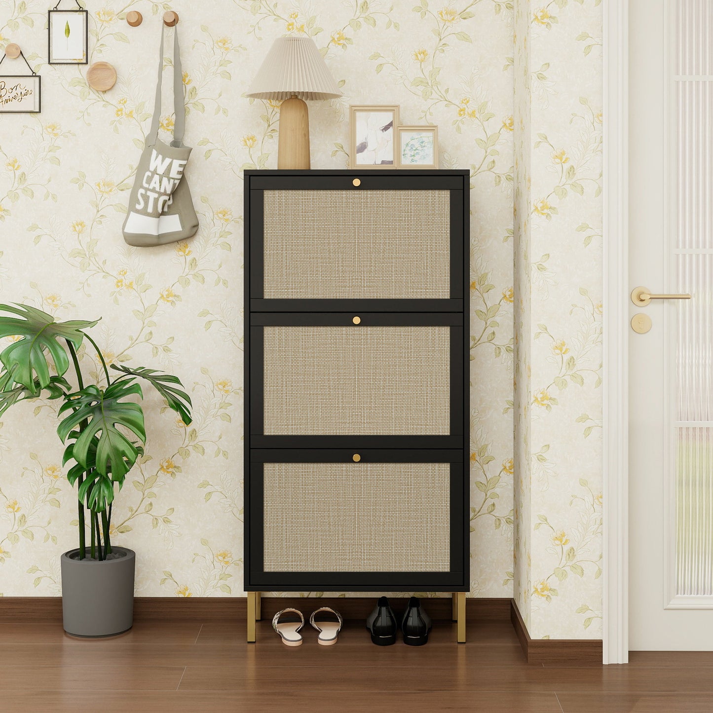 Rattan 3 Door Shoe Rack, Freestanding Modern Shoe Storage Cabinet